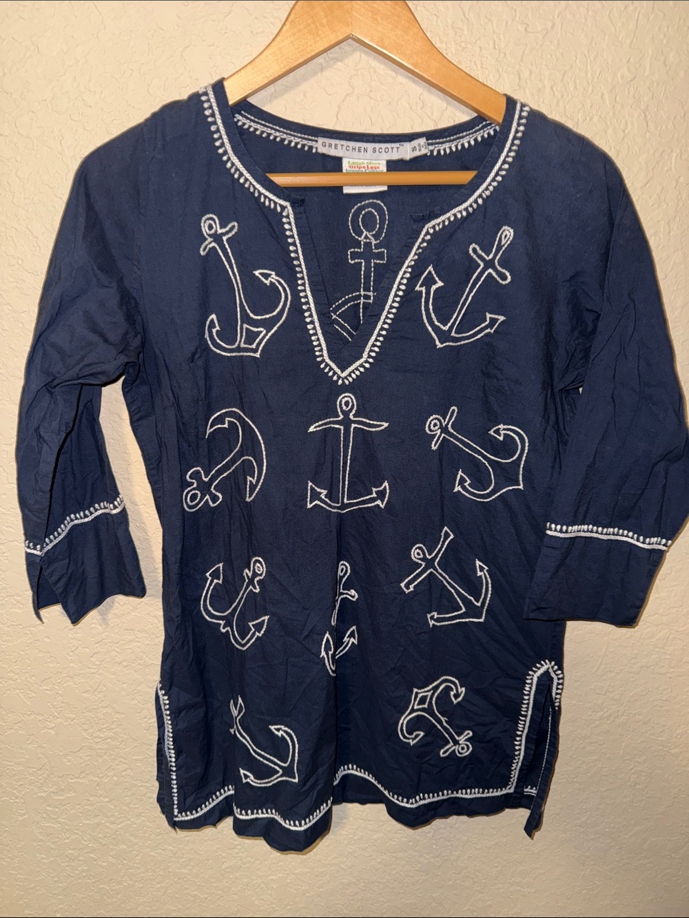 Gretchen Scott Designs Navy Blue Embroidered V-Neck Top